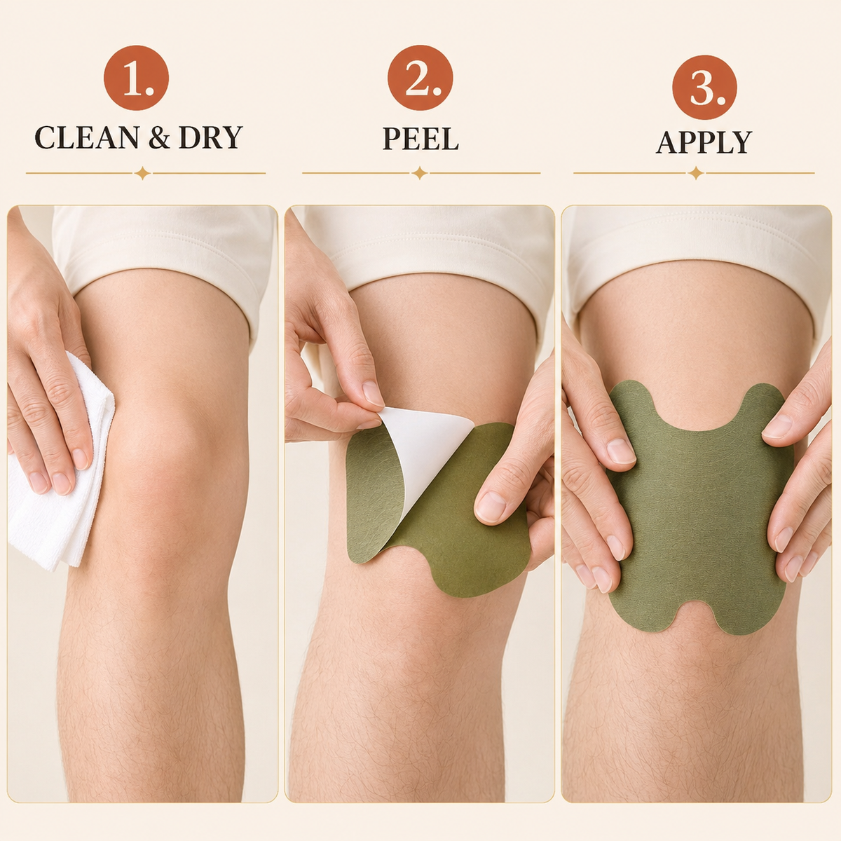 Three steps for applying a herbal knee patch