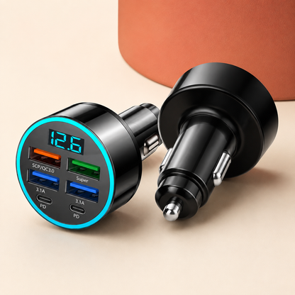 Front and rear views of the six-port metal car charger with secure side clips