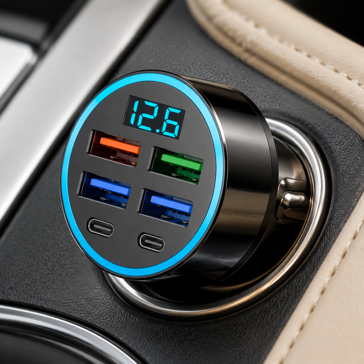 Close-up of six-port car charger showing 12.6 volt LED display
