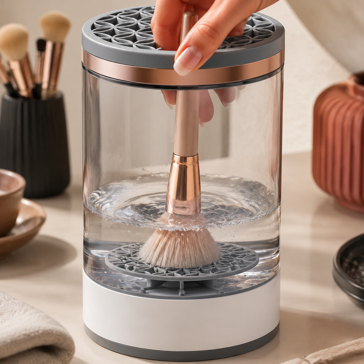 Hand-assisted deep cleaning of a makeup brush against the textured cleaning plate