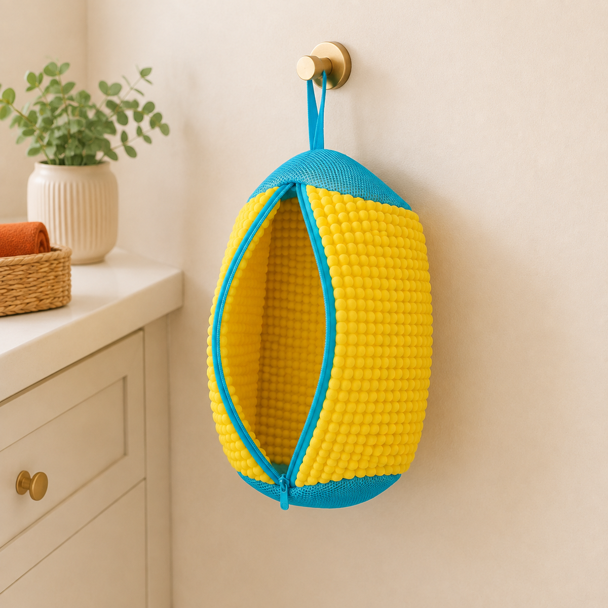 Empty microfiber shoe washing bag hanging by its loop to air-dry