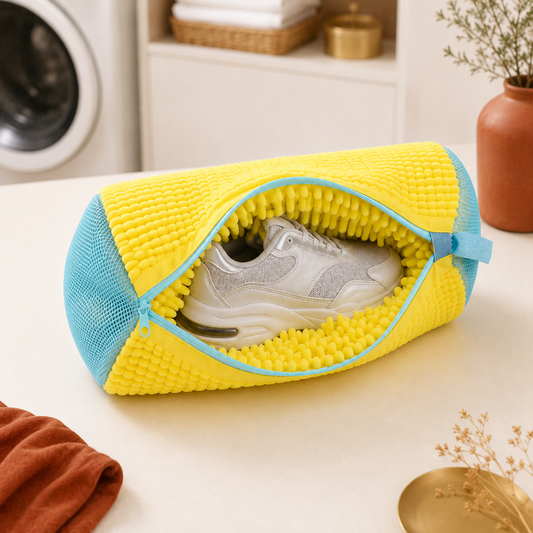 Yellow and blue microfiber shoe washing bag holding one washable mesh sneaker