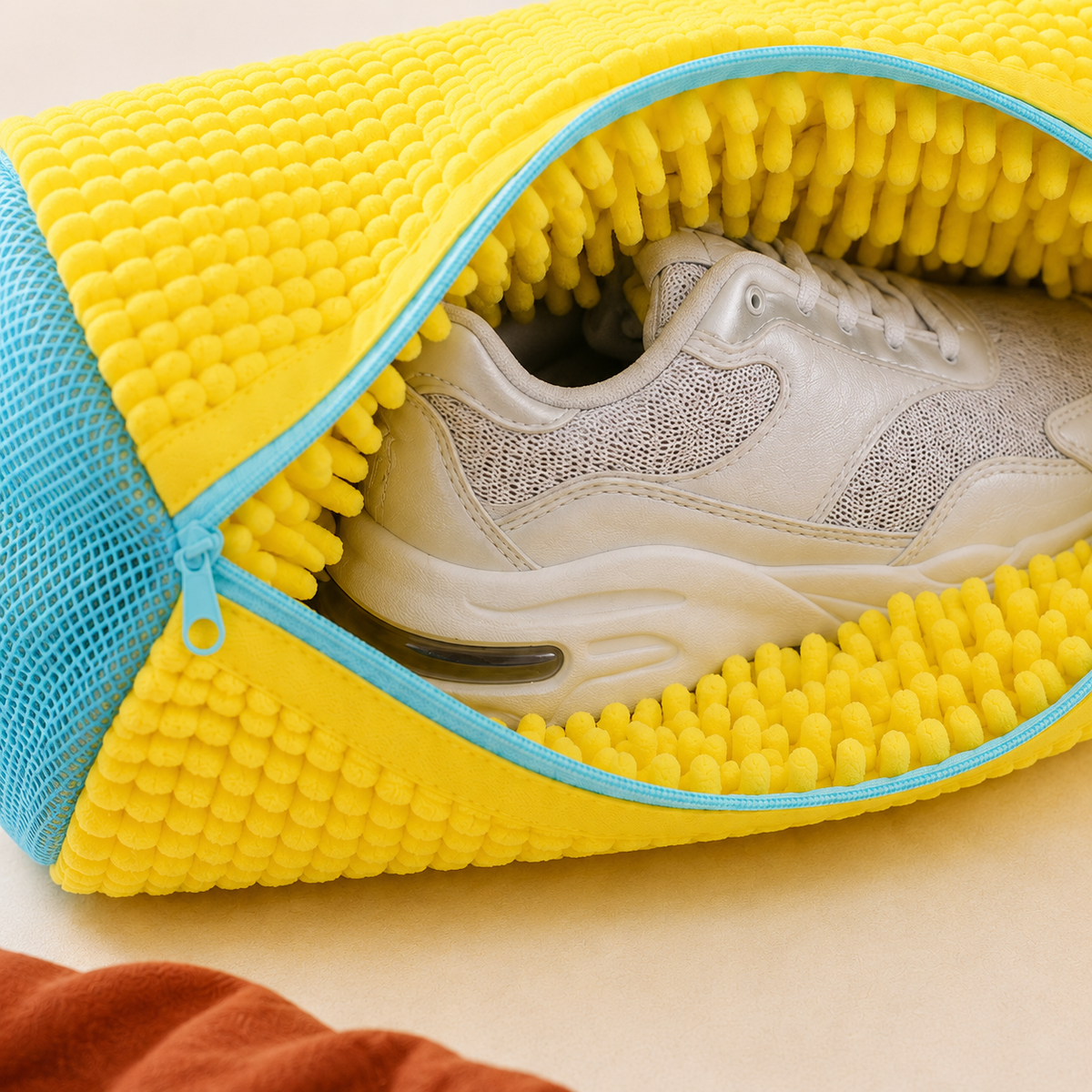 Dense yellow chenille microfiber strands surrounding one washable sneaker