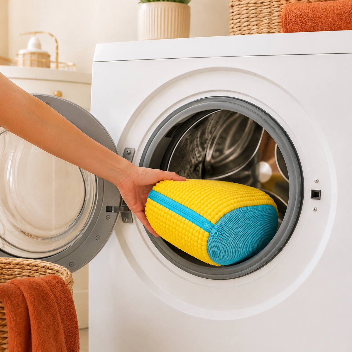 Closed microfiber shoe washing bag being placed into a front-loading washing machine