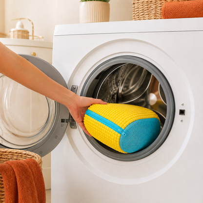 Closed microfiber shoe washing bag being placed into a front-loading washing machine