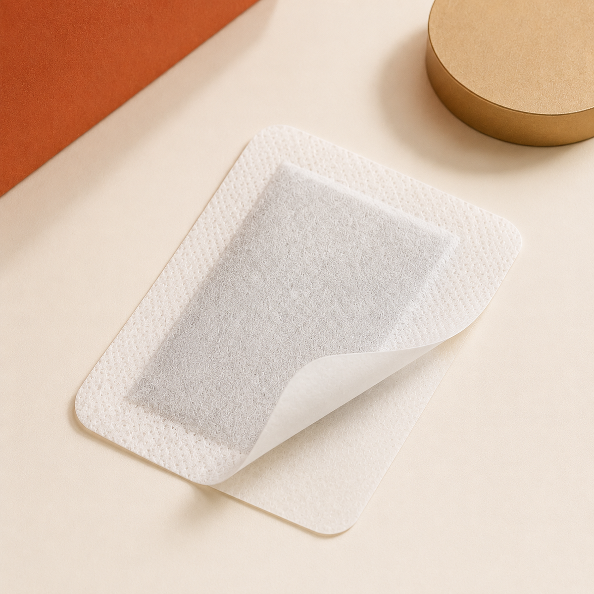 Close view of the foot patch central pad adhesive border and peel-away backing