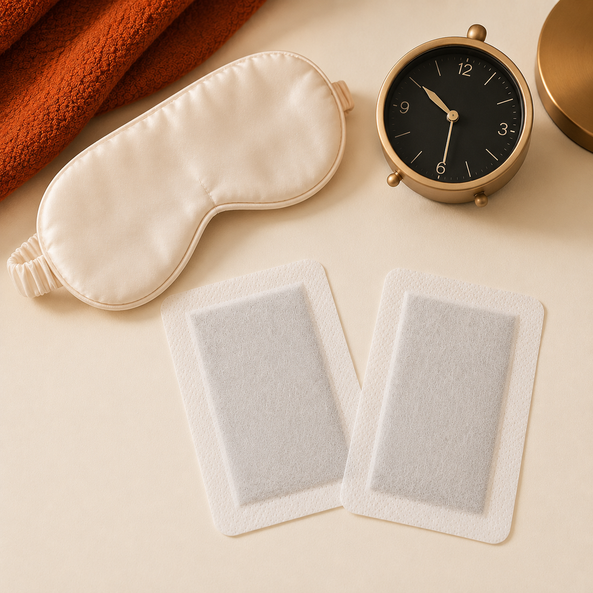 Two foot patches prepared beside a sleep mask and bedside clock
