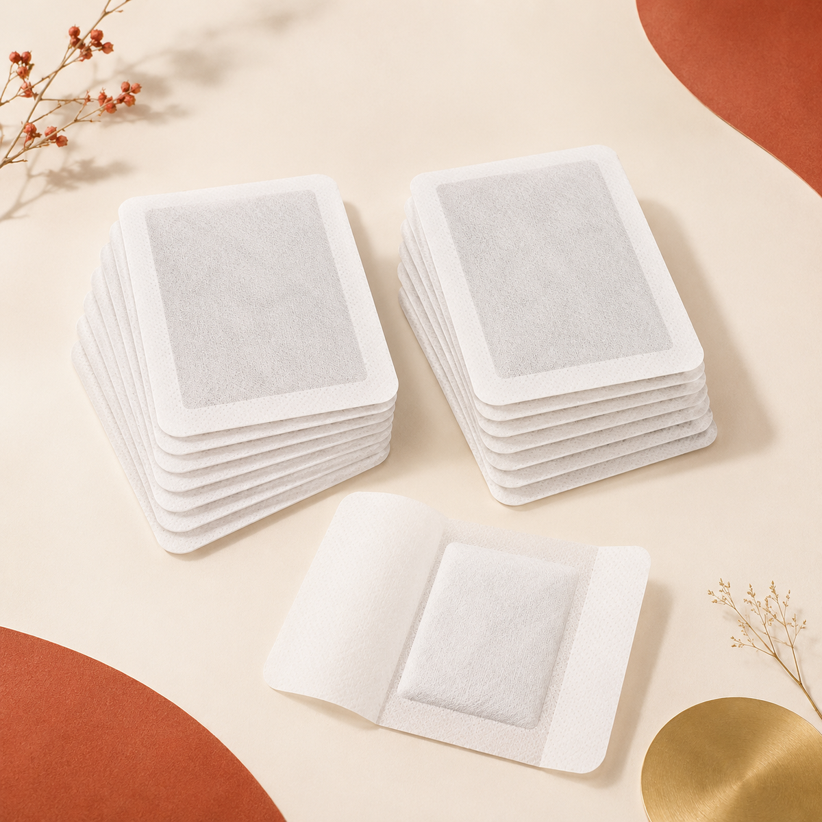Pack of 20 rectangular herbal foot patches on a warm ivory Zoveny background