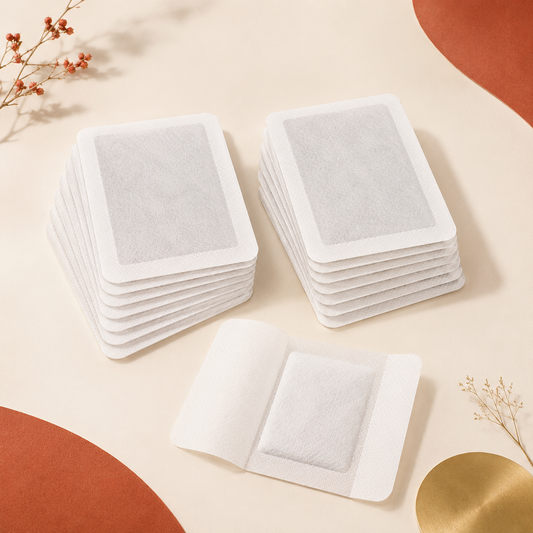 Pack of 20 rectangular herbal foot patches on a warm ivory Zoveny background