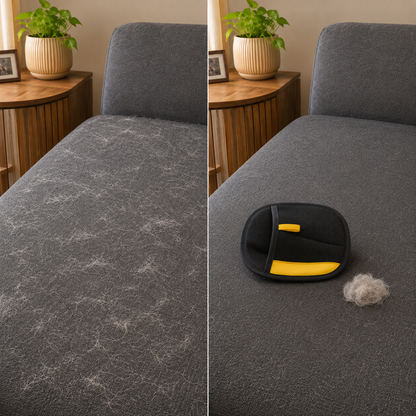 Sofa before and after removing loose pet hair