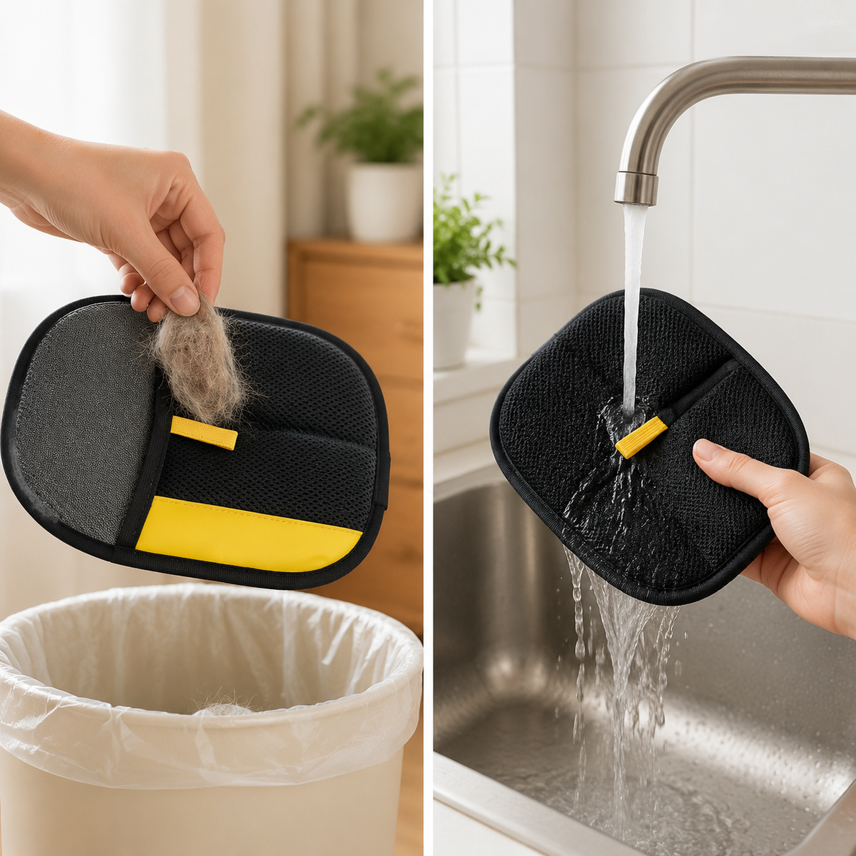 Removing collected pet hair and rinsing the reusable glove