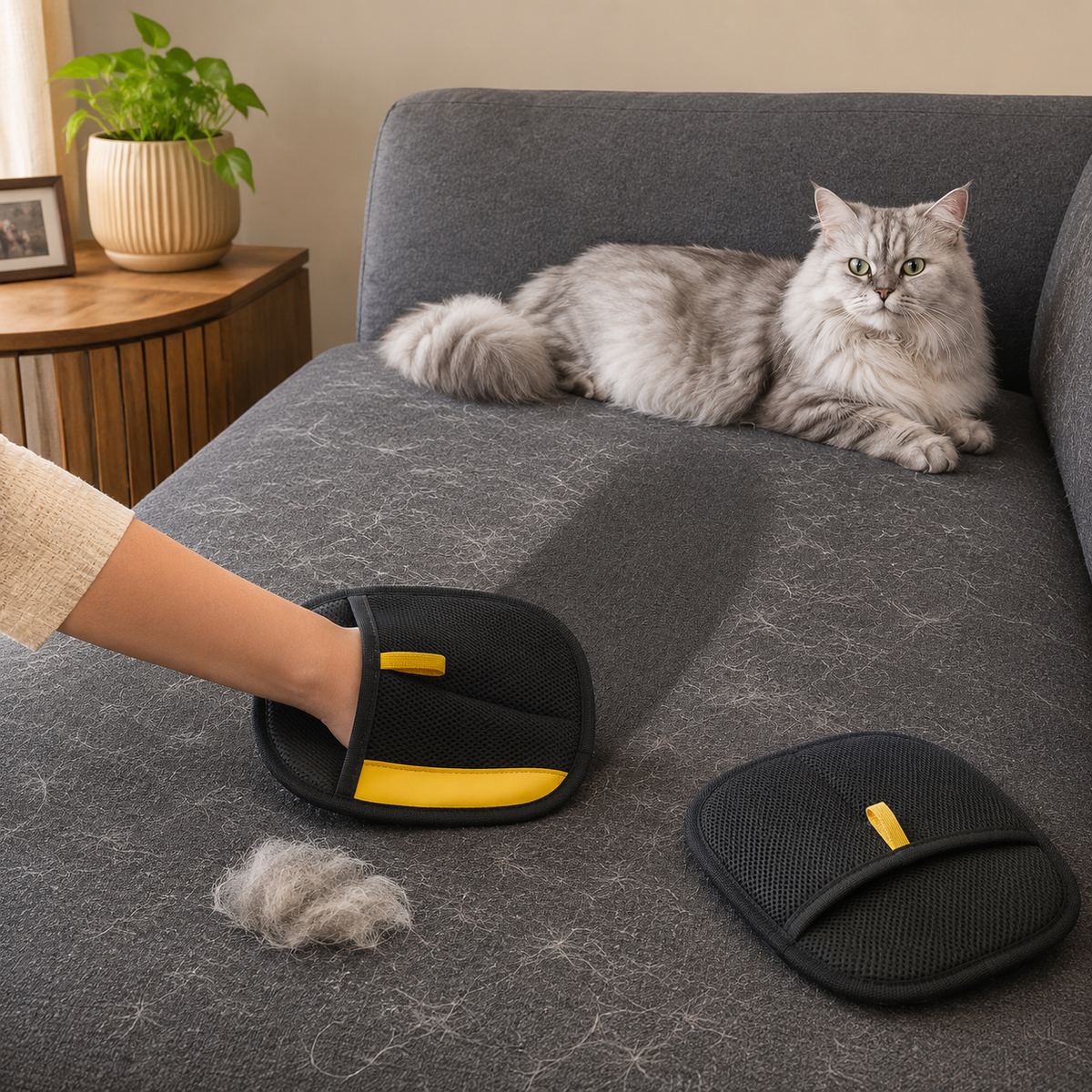 Reusable pet hair remover gloves cleaning a sofa, pack of two