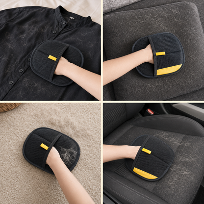 Pet hair remover glove used on clothing, sofa, rug and car seat