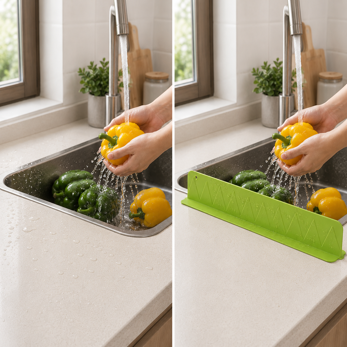Sink splash comparison without and with the silicone splash guard