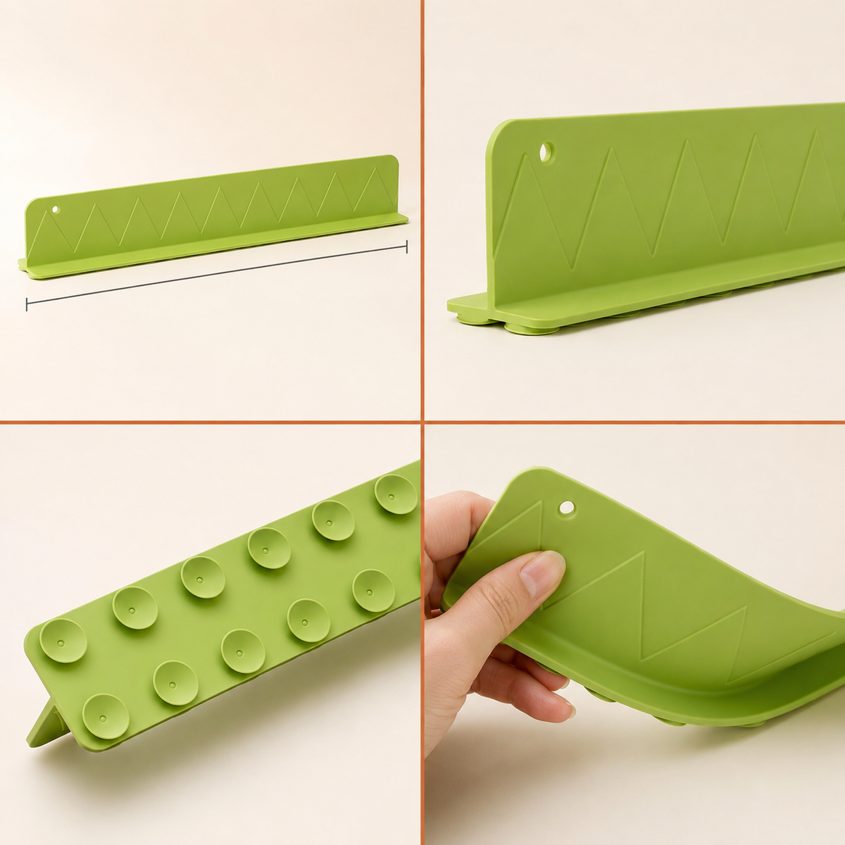 Silicone sink splash guard features including suction cups and flexibility