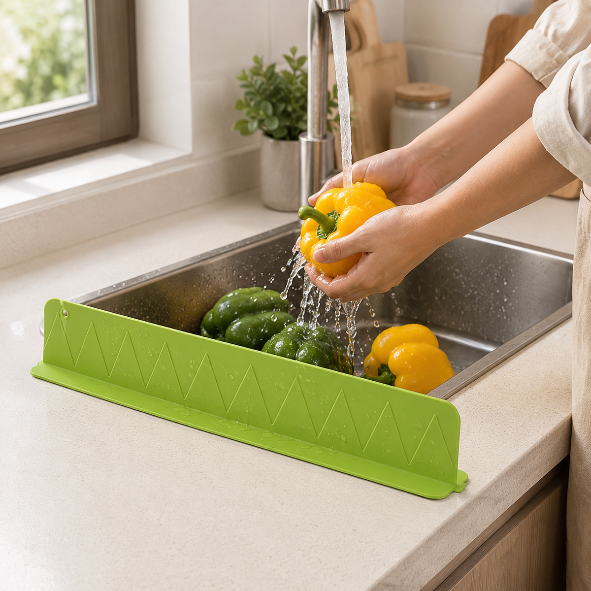 Silicone sink splash guard helping reduce splashes while washing vegetables
