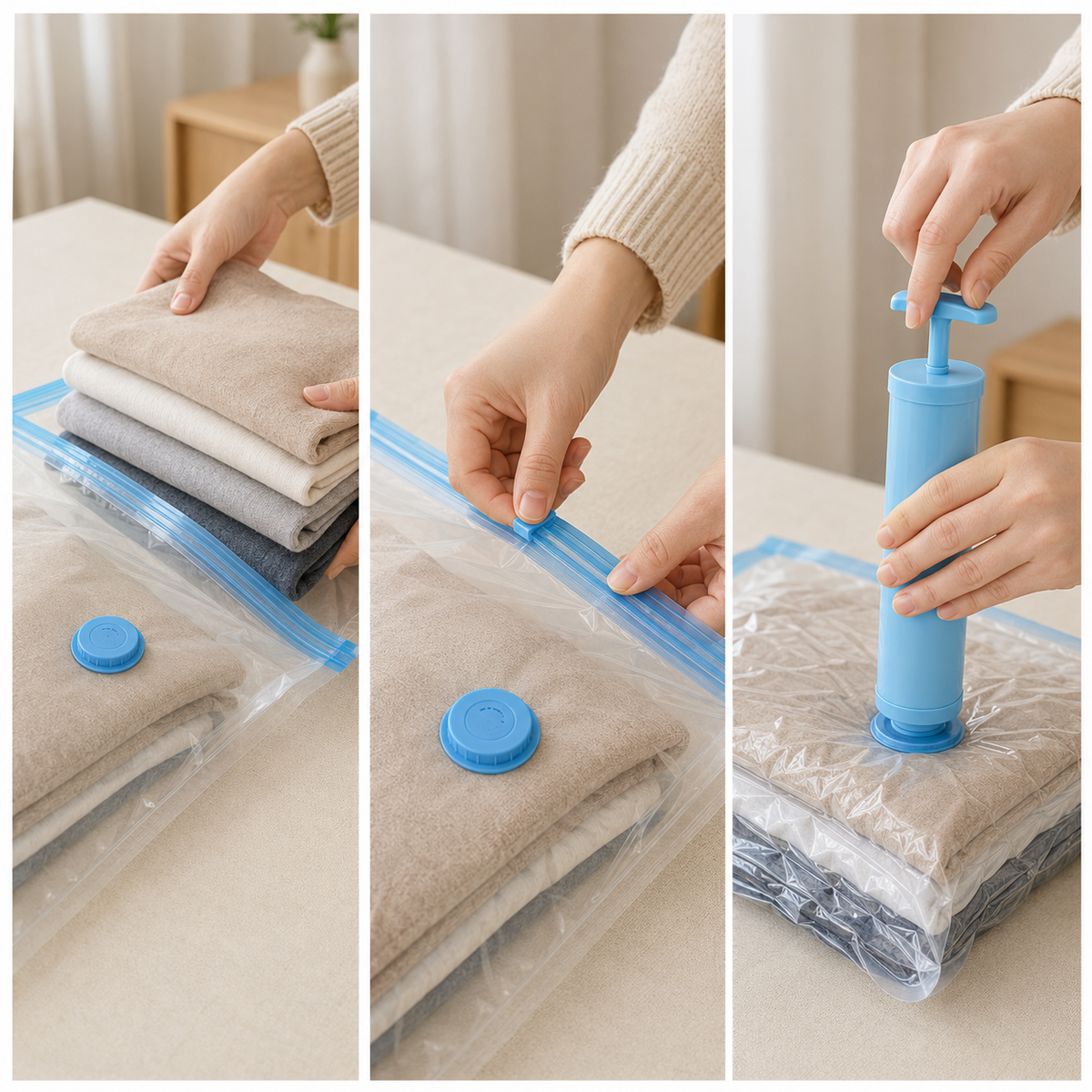 Three-step demonstration of filling, sealing and compressing a vacuum storage bag