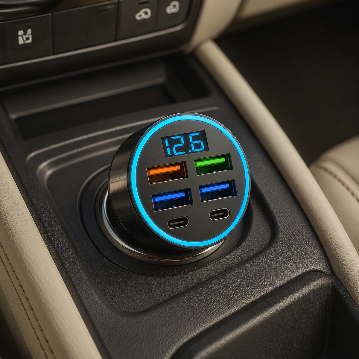 Six-port fast car charger installed in a vehicle socket with LED voltage display
