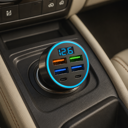 Six-port fast car charger installed in a vehicle socket with LED voltage display