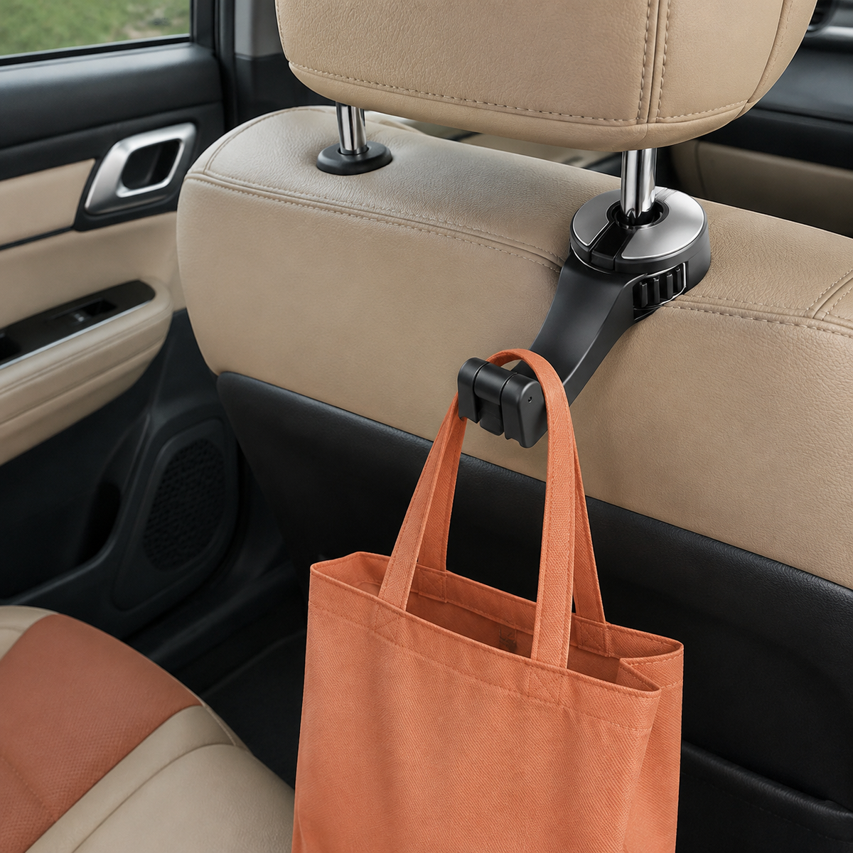 Car headrest hook keeping a shopping bag off the floor