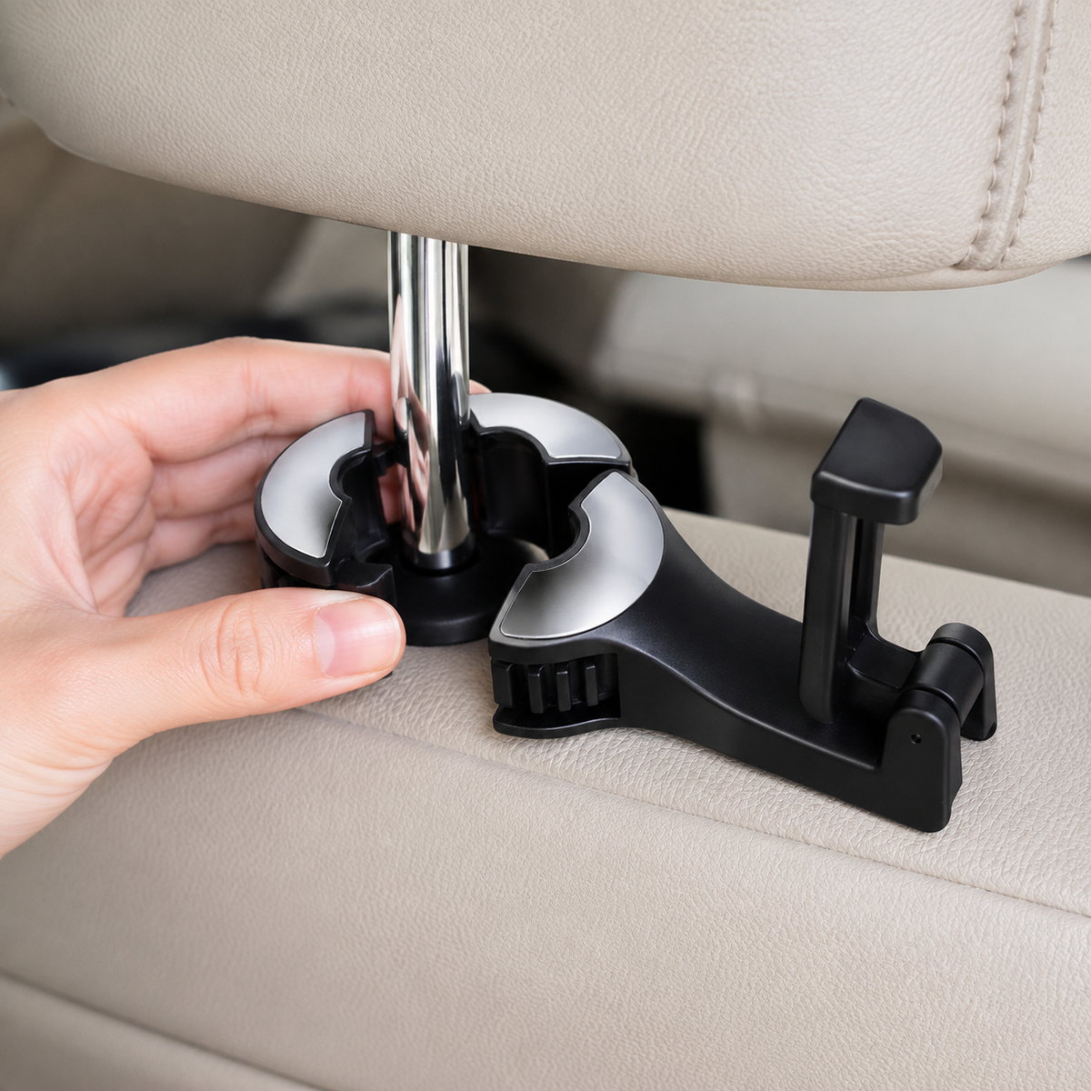 Installing an adjustable car hook around an exposed headrest bar