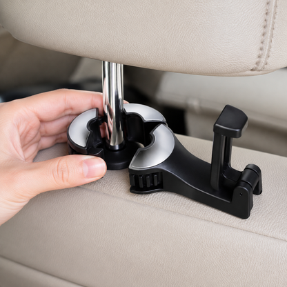 Installing an adjustable car hook around an exposed headrest bar
