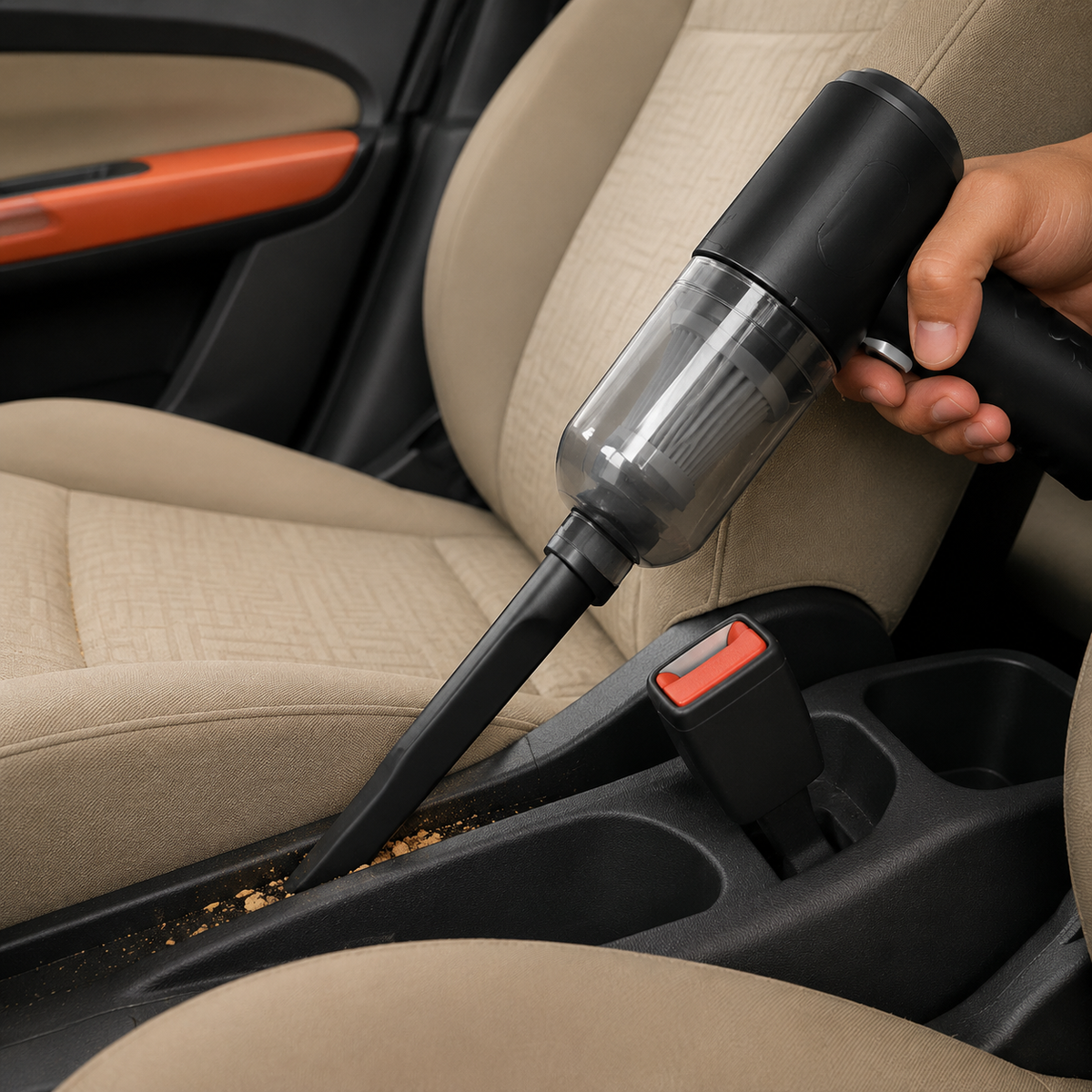 Portable car vacuum cleaning crumbs beside the centre console