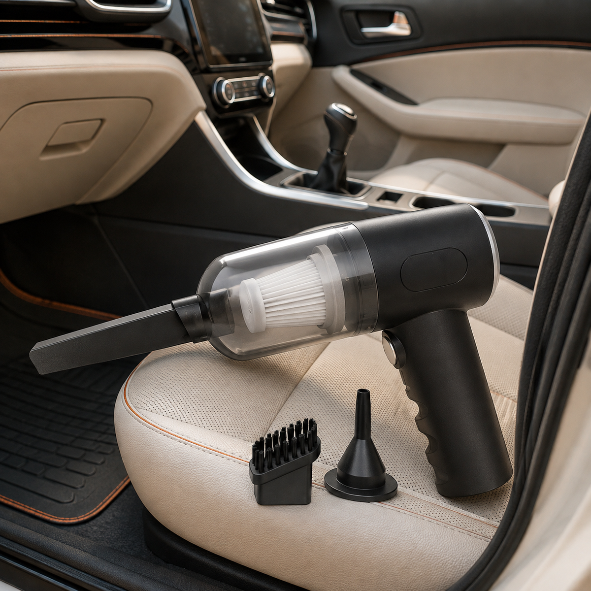 Cordless car vacuum with cleaning attachments on a car seat