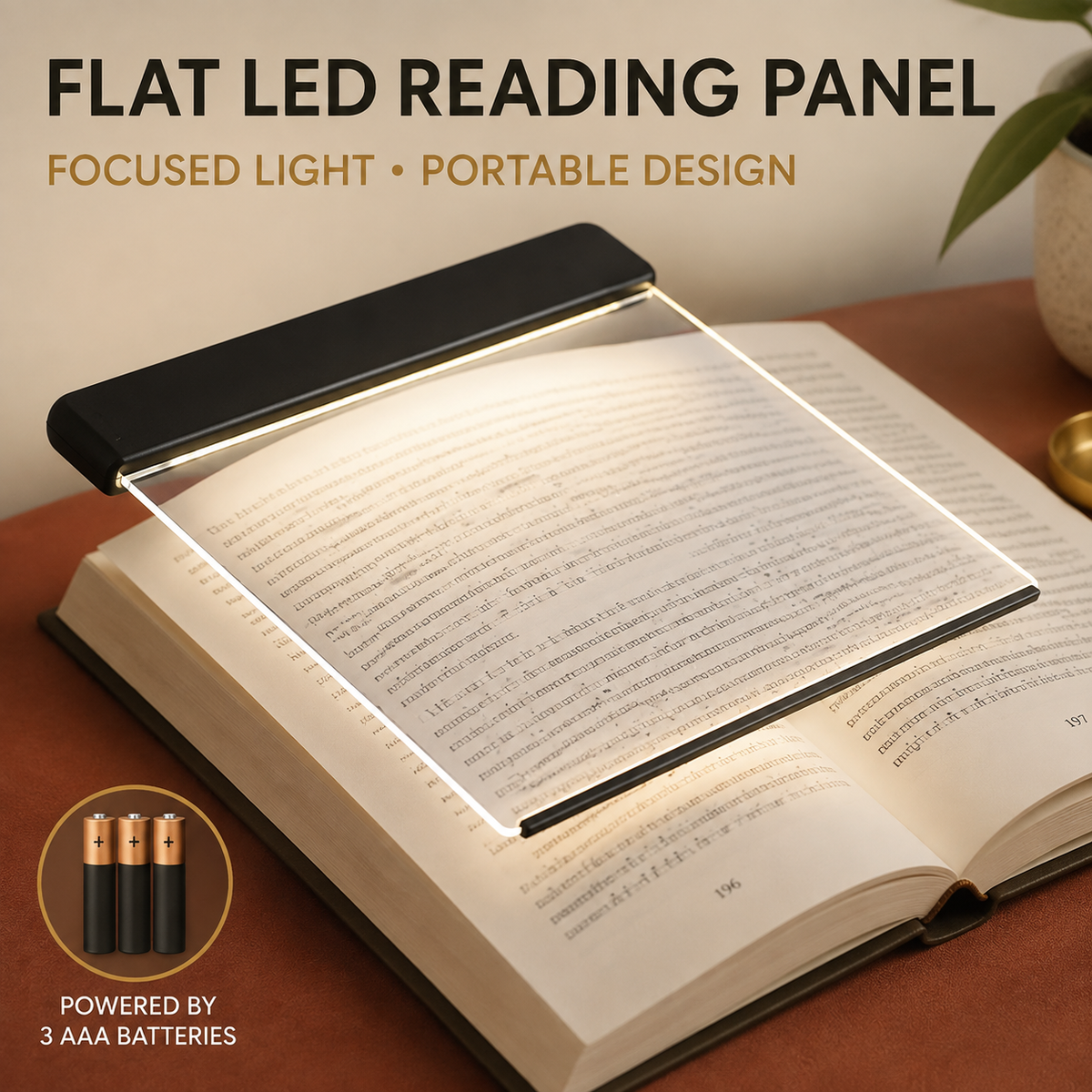 Flat LED reading panel powered by three AAA batteries