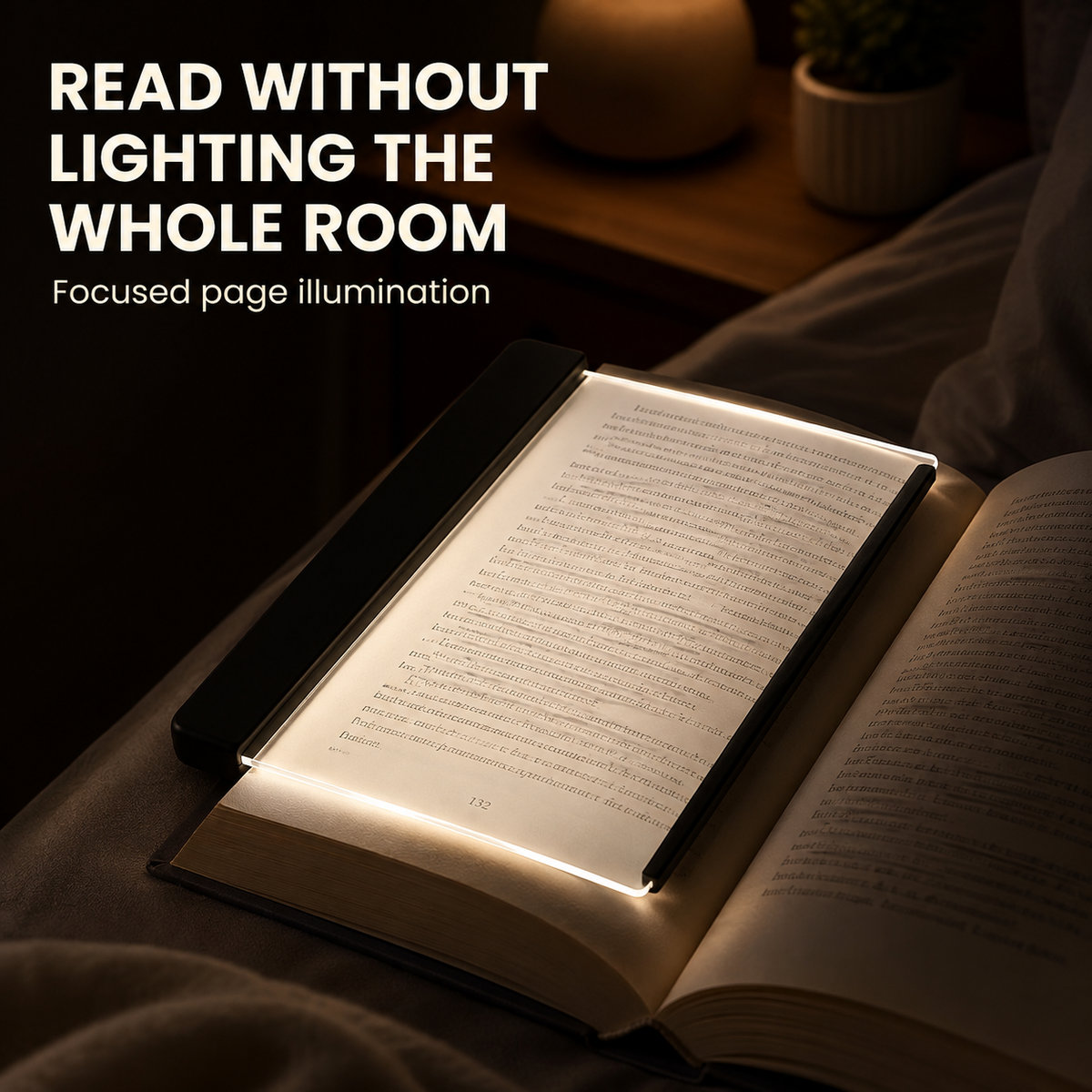 Flat reading panel illuminating one book page at night