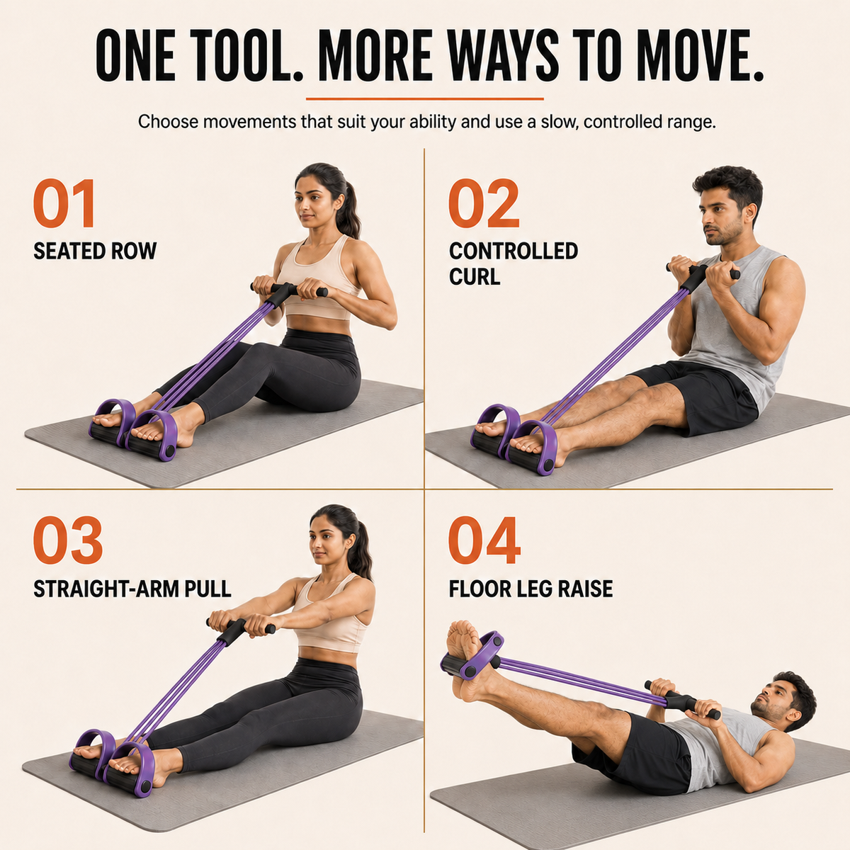 Four controlled exercise options using the foot-pedal resistance exerciser
