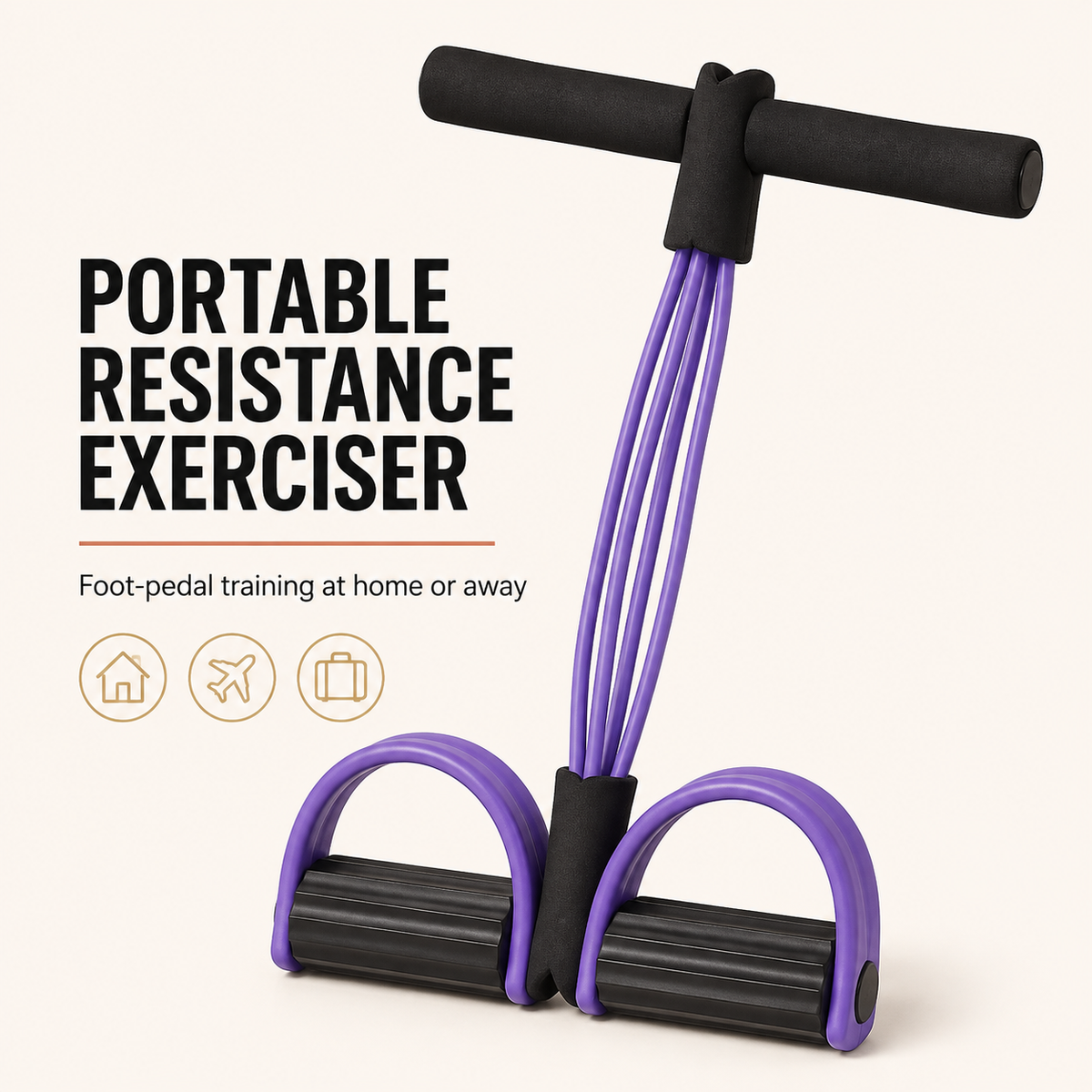 Portable foot-pedal resistance exerciser with four tubes and two foot loops