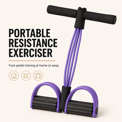 Portable foot-pedal resistance exerciser with four tubes and two foot loops