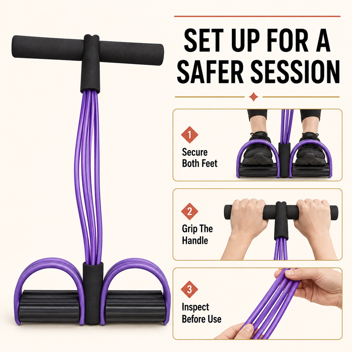 Foot-pedal resistance exerciser setup and safety guide