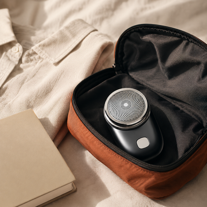 Compact mini rotary shaver in a travel grooming pouch