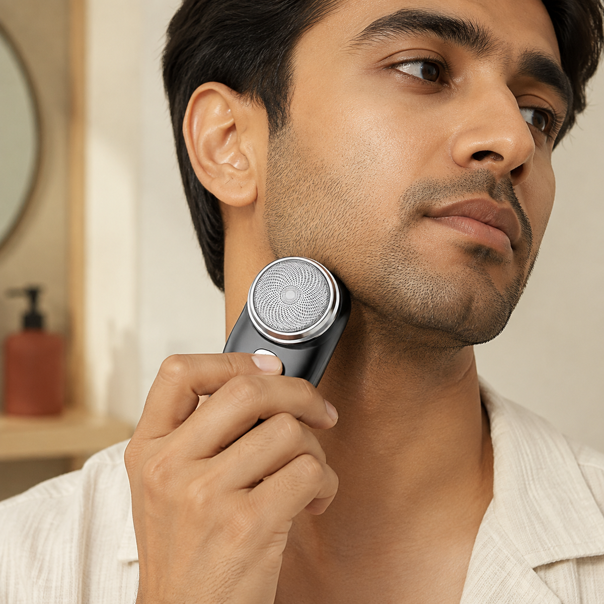 Man using mini rotary shaver on short facial stubble