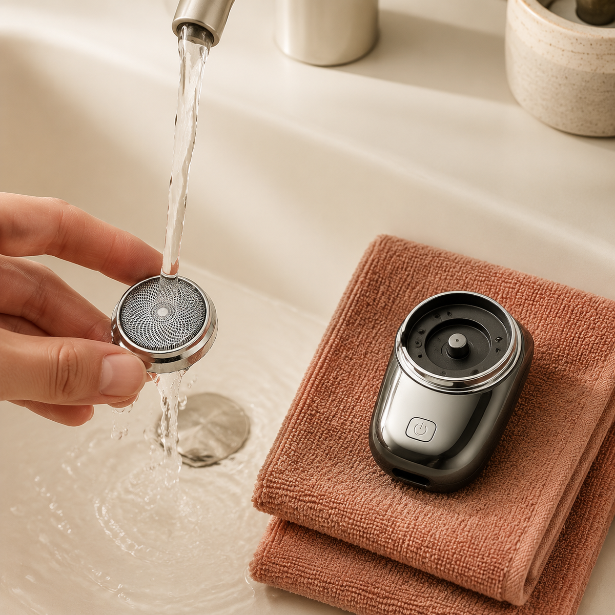 Removable mini shaver head being rinsed while body stays dry