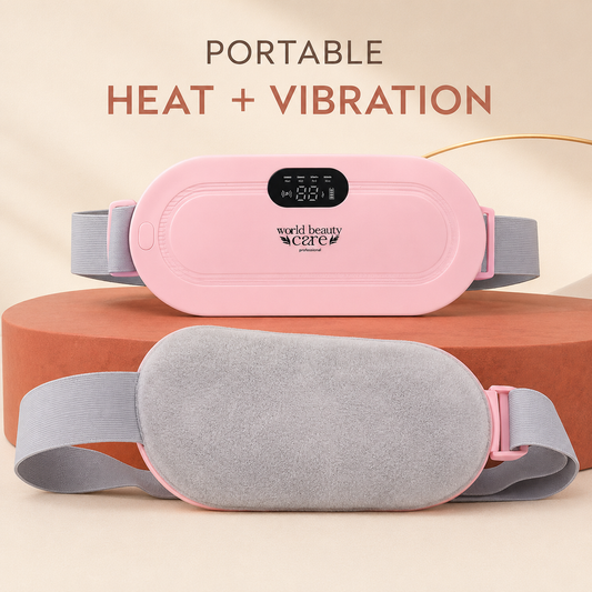 Portable pink heat and vibration belt front and reverse views