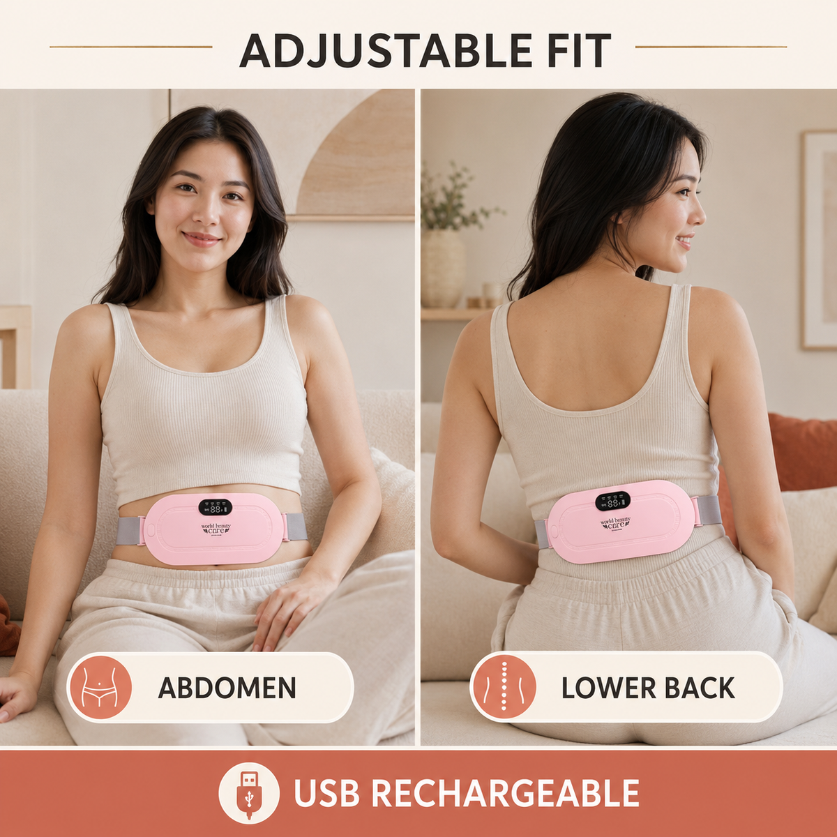 Adjustable heating belt for abdomen and lower back