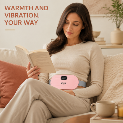 Woman relaxing with portable heating and vibration belt