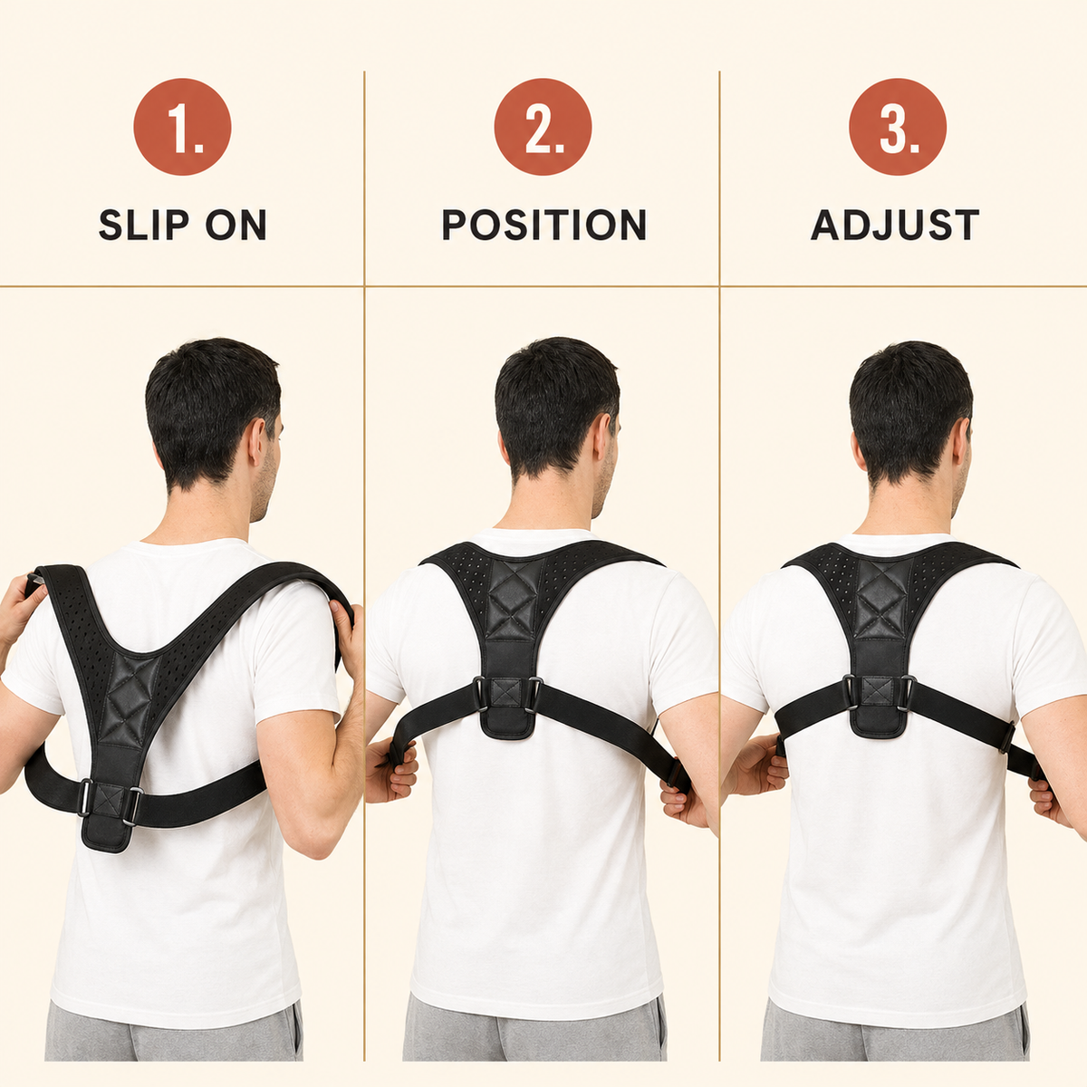 Three steps for fitting the posture support brace