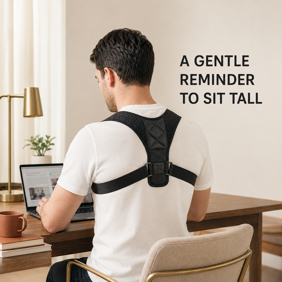 Adult wearing adjustable posture support at a desk