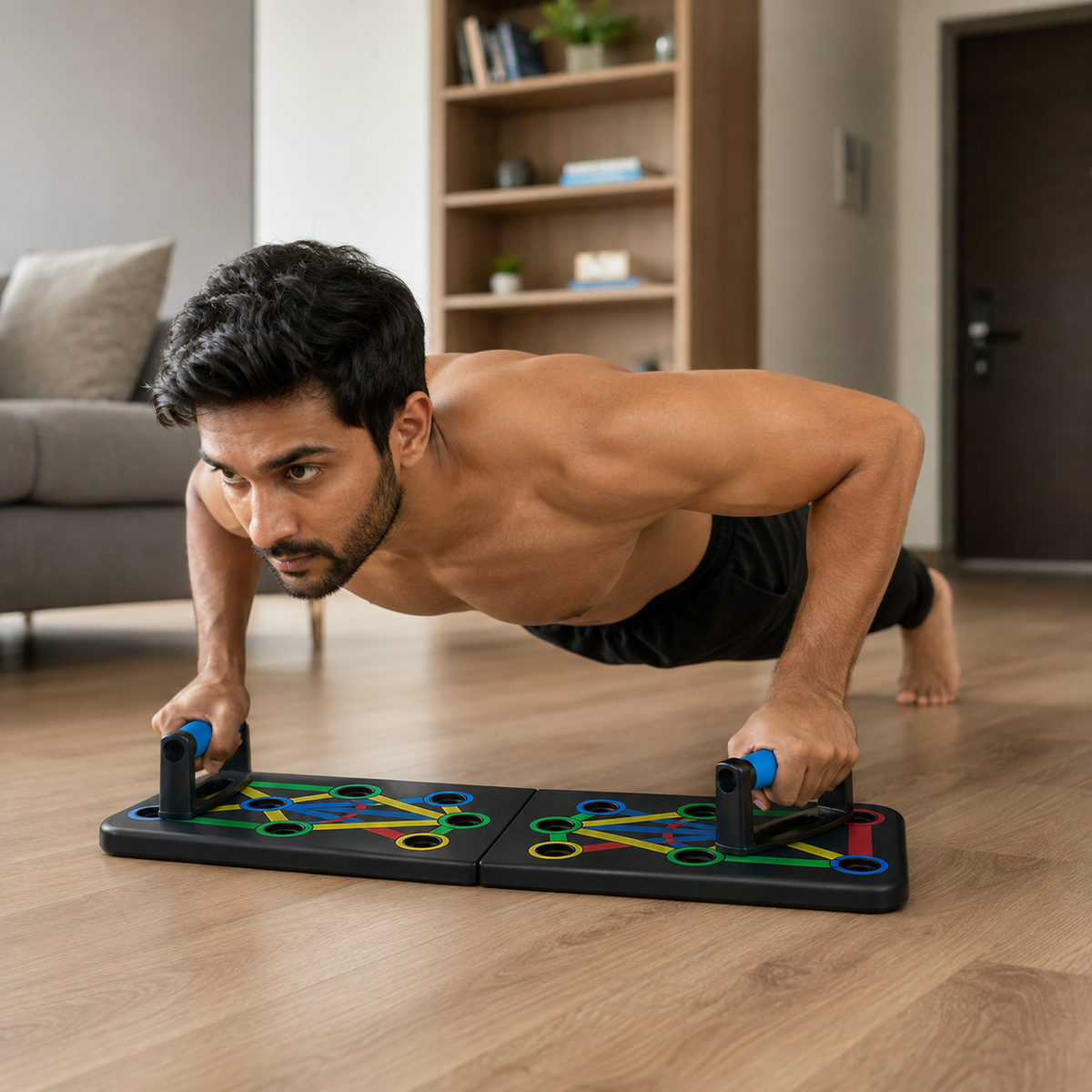 Man performing a push-up using the colour-coded board at home