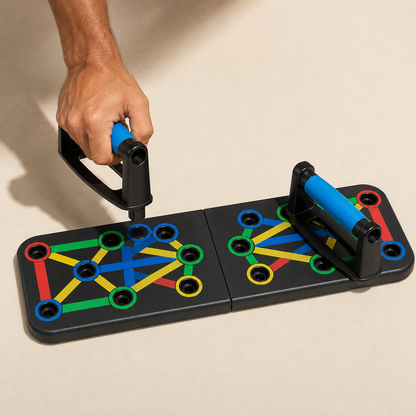 Moving the removable handles between colour-coded push-up board slots