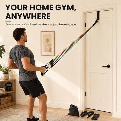 Home workout using resistance bands and door anchor