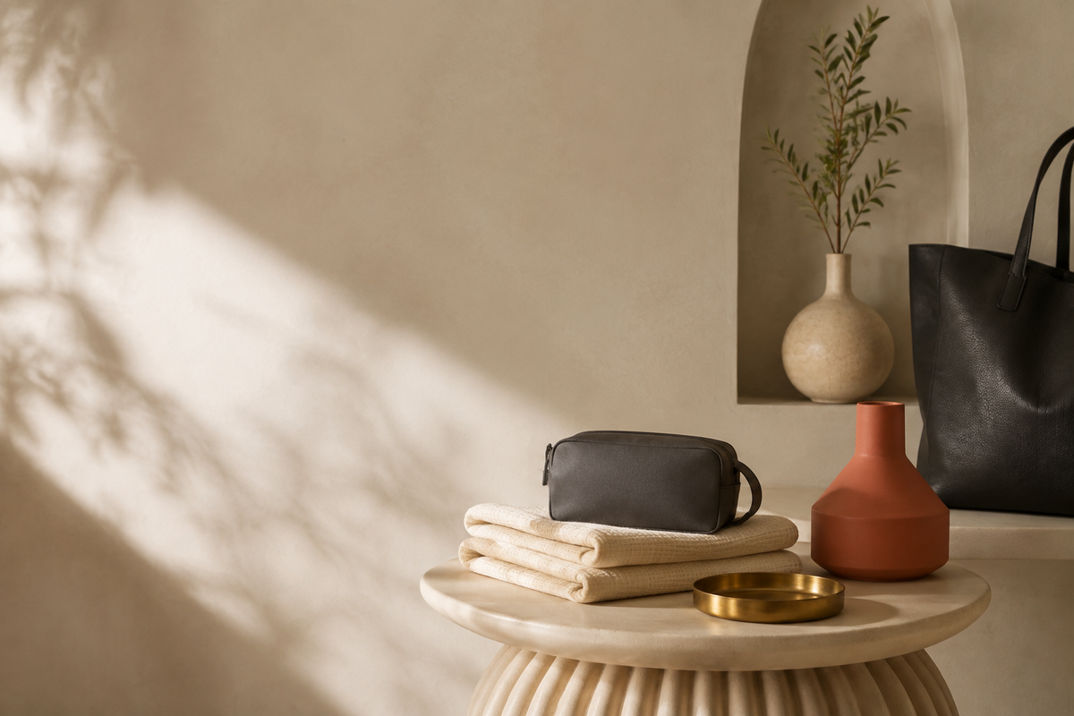 Warm ivory Zoveny lifestyle scene with charcoal terracotta and gold accents