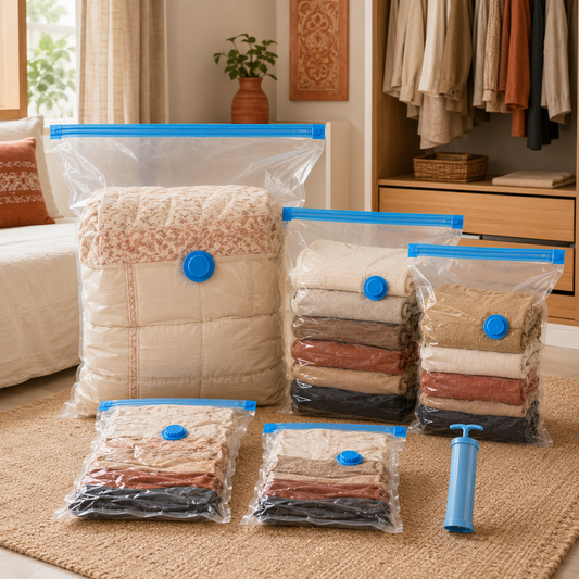 Five reusable vacuum compression storage bags in three sizes with blue hand pump
